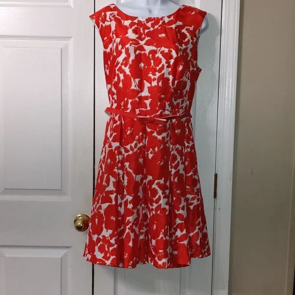 Danny and Nicole red white floral print sleeveless belted dress Sz 14